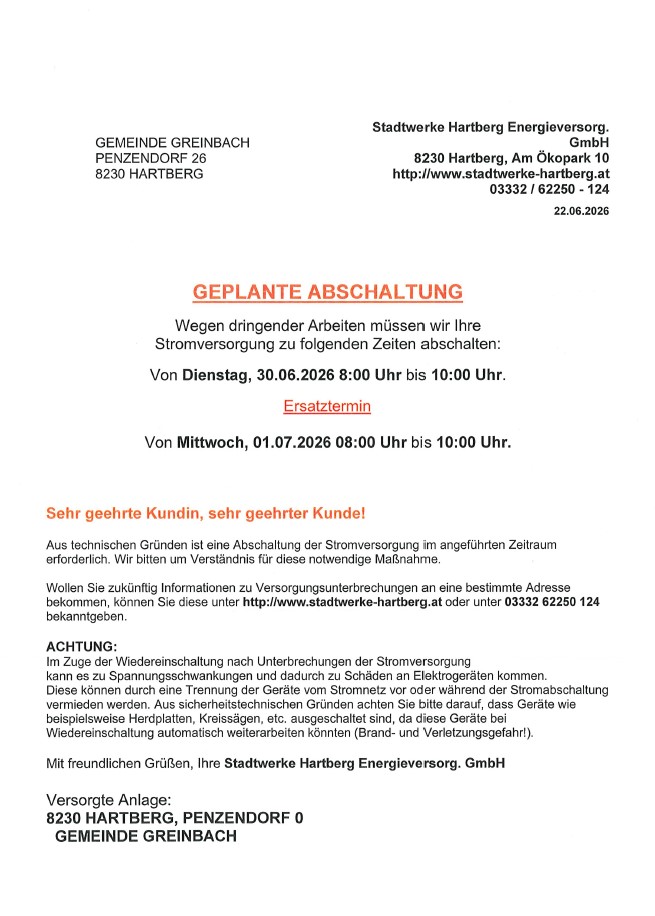Stromabschaltung 30.06.2026 von 08:00 bis 10:00 Uhr
