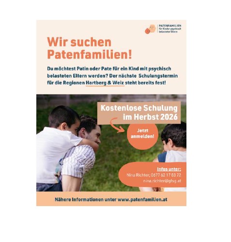Patenfamilien gesucht: Mann mit Kindern im Arm, kostenlose Schulung im Herbst 2026